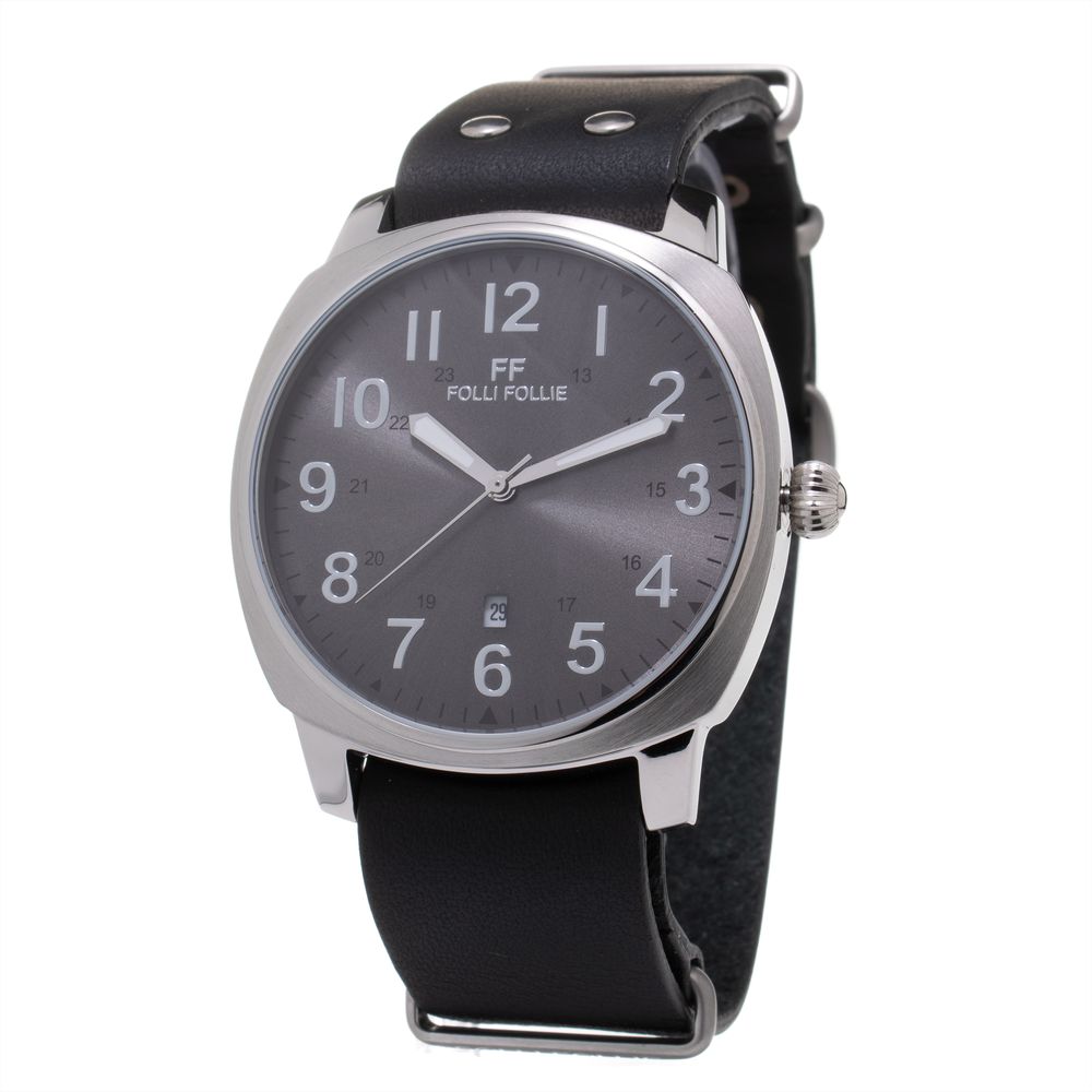 Folli Follie Black Leather Dress Watch with silver stainless steel case, analog display, black dial, and leather strap.
