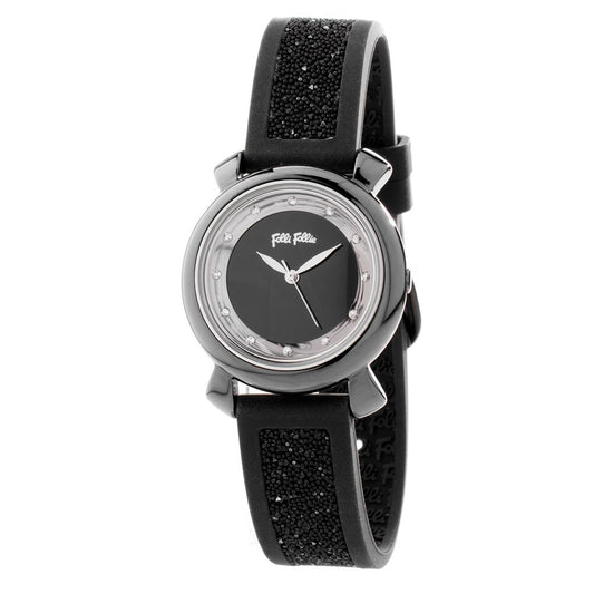 Folli Follie Black Plastic Dress Watch, quartz mechanism, black stainless steel case, analog display, violet dial, black plastic bracelet.