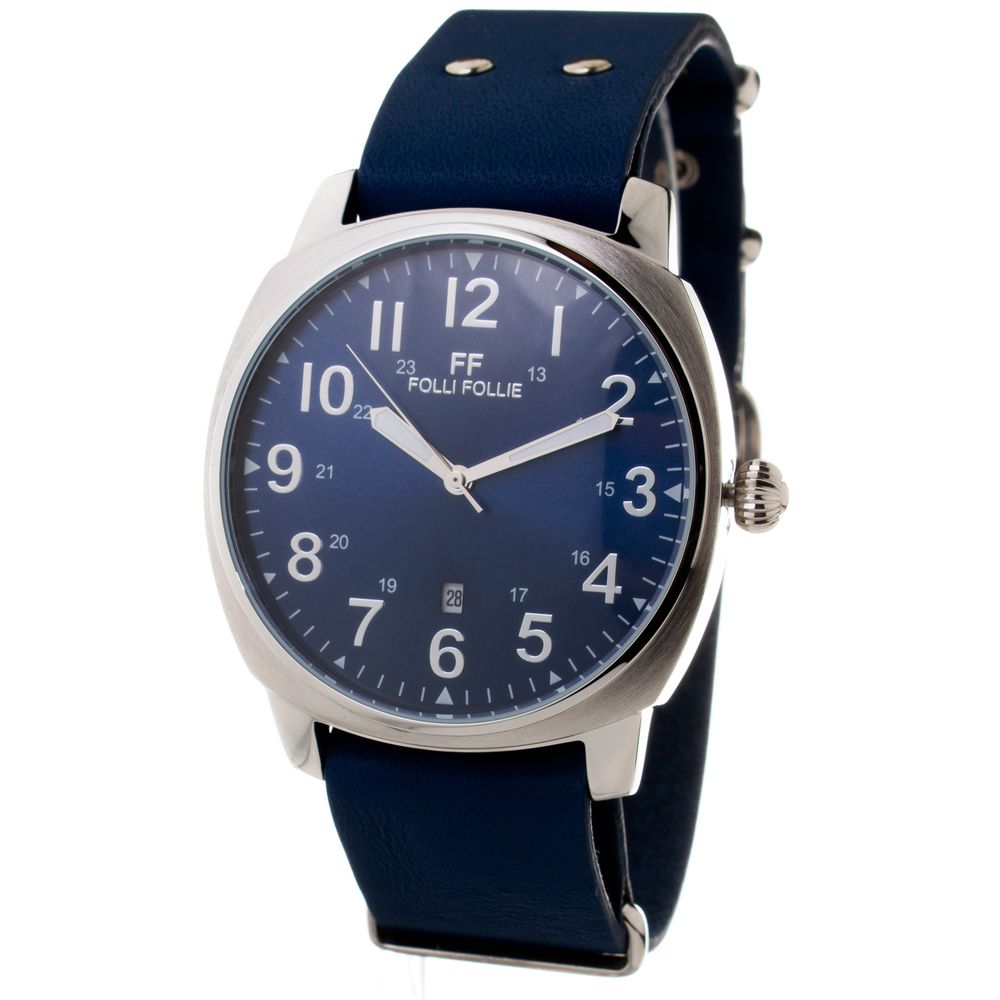 Folli Follie Blue Leather Dress Watch with stainless steel case, analog display, and blue dial, perfect for elegant occasions.