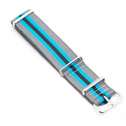 Gray and blue striped watch strap with buckle, suitable for various watch styles.