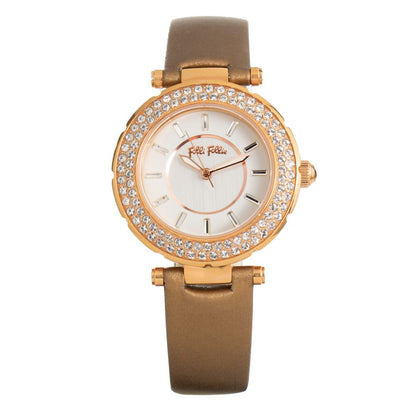 Folli Follie Brown Leather Dress Watch with gold stainless steel case, brown leather bracelet, and grey dial with mineral glass