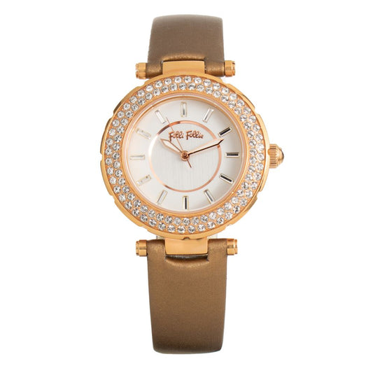 Folli Follie Brown Leather Dress Watch with gold stainless steel case, brown leather bracelet, and grey dial with mineral glass