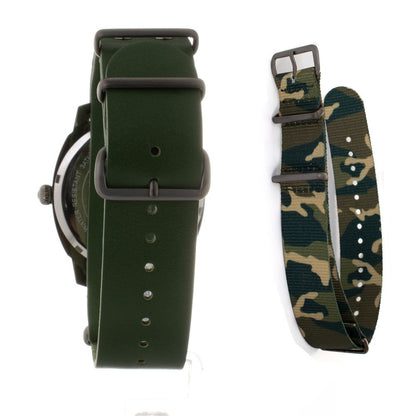 Folli Follie Green Leather Dress Watch with green and camouflage interchangeable straps, stainless steel case, quartz mechanism.