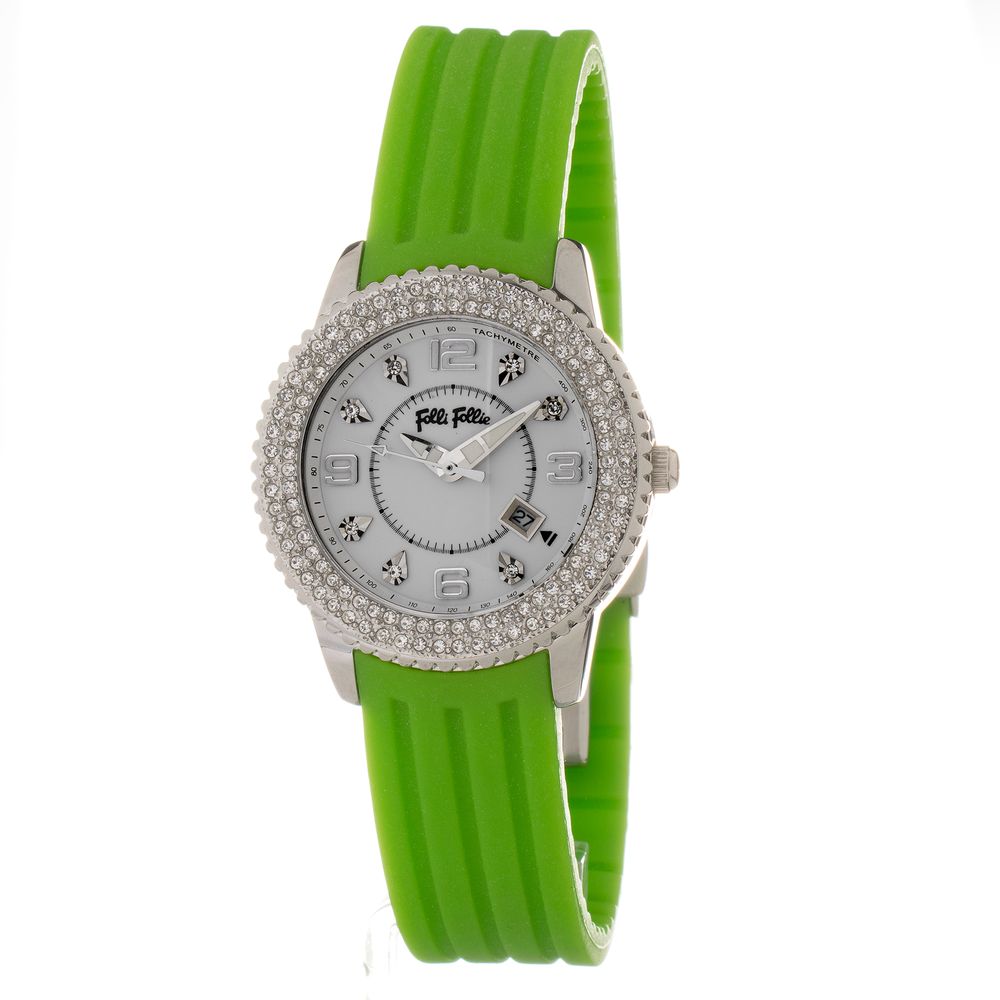Folli Follie Green Synthetic Dress Watch with silver stainless steel case, white dial, and green silicone bracelet, quartz movement.
