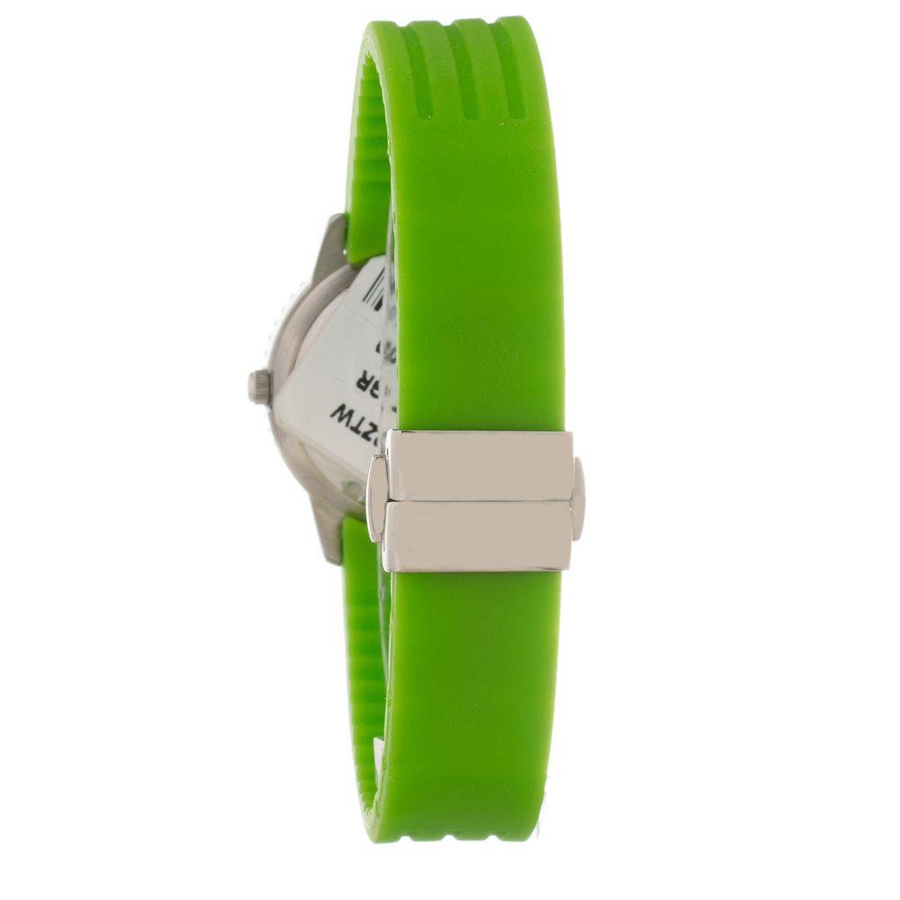 Side view of Folli Follie Green Synthetic Dress Watch with green silicone bracelet and silver stainless steel case.