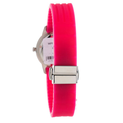 Side view of Folli Follie Multicolor Plastic Dress Watch with pink plastic bracelet and stainless steel closure