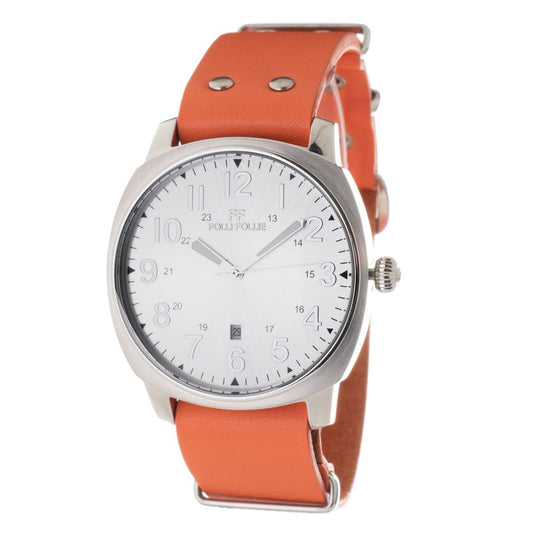 Folli Follie Orange Leather Dress Watch with stainless steel case and orange leather strap, analog display, grey dial.