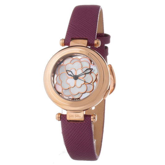 Folli Follie Purple Leather Dress Watch with gold stainless steel case, white dial, and violet leather bracelet