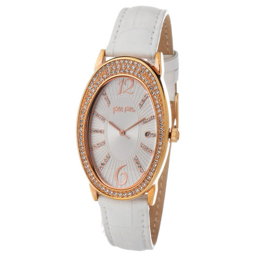 Folli Follie White Leather Dress Watch with gold stainless steel case, analog display, and mineral glass