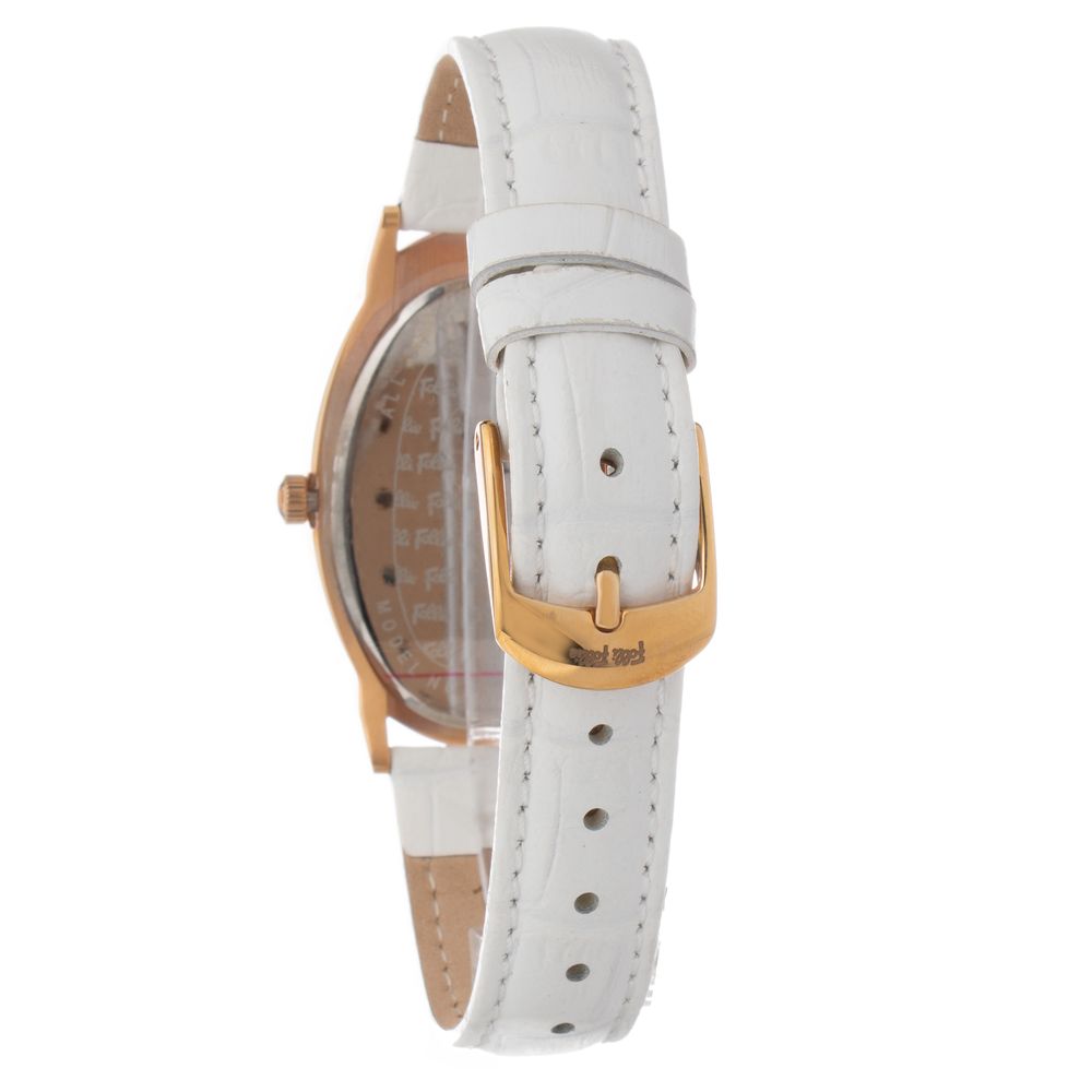 Folli Follie White Leather Dress Watch with gold case and white leather strap, quartz mechanism, and analog display.