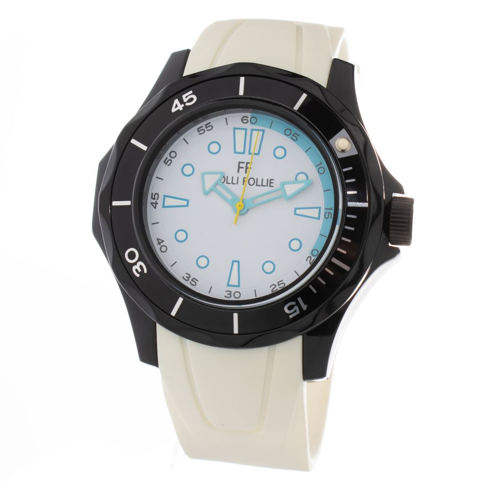 Folli Follie White Synthetic Sport Watch with black stainless steel case and white silicone bracelet, analog display, quartz mechanism.