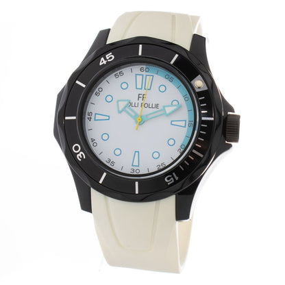 Folli Follie White Synthetic Sport Watch with black stainless steel case and white silicone bracelet, analog display, quartz mechanism.