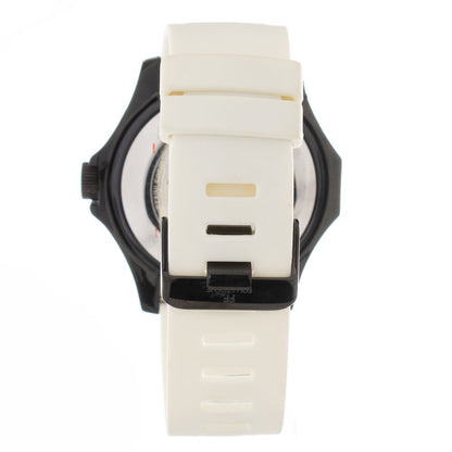 Back view of Folli Follie White Synthetic Sport Watch with silicone white bracelet and black stainless steel case.
