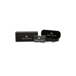 Frankie Morello Black Metallic Women's Frame packaging with case, box, and cloth display