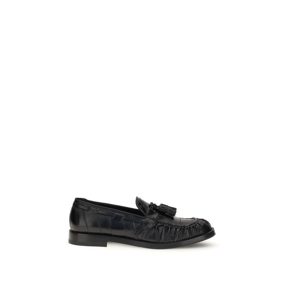 Fratelli Rossetti Black Rubber Slip-On Loafers with tassels, classic leather footwear for elegant smart or casual outfits.
