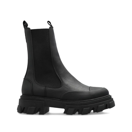 GANNI Boots Black featuring slip-on style, chunky rubber sole, elasticated side panels, pull-tab, Chelsea mid leather design.