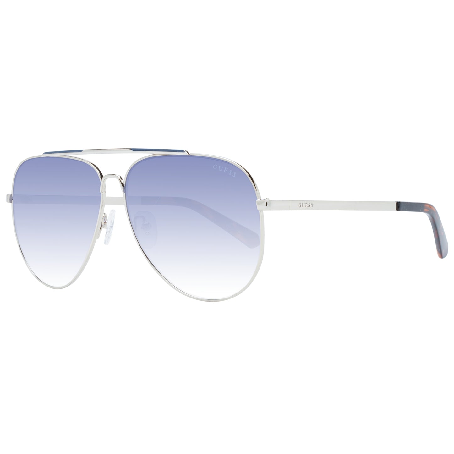GUESS MOD. GU00059 6232W gents sunglasses with silver frame and gradient blue lenses, side view.
