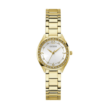 GUESS Mod. CHARLOTTE gold wristwatch for ladies, 3 ATM water resistance, 30 mm case, quartz movement, shown in official packaging.