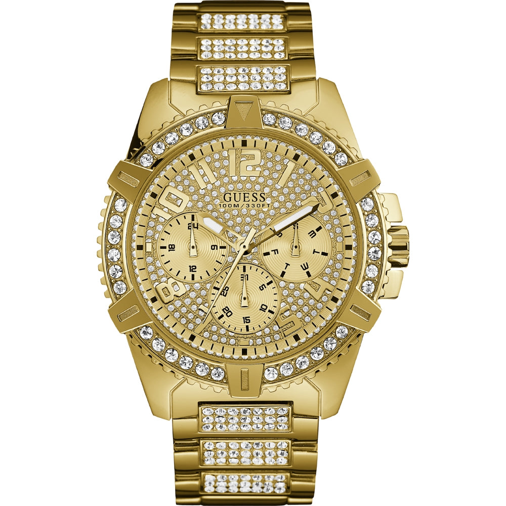 Luxury gold watch GUESS Mod. FRONTIER with crystal design and chronograph features.