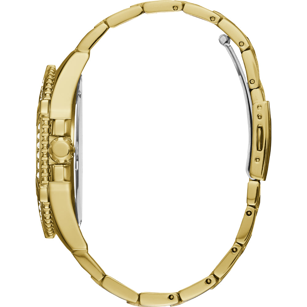 Alt Tag: Side view of GUESS Mod. FRONTIER watch in polished gold finish.