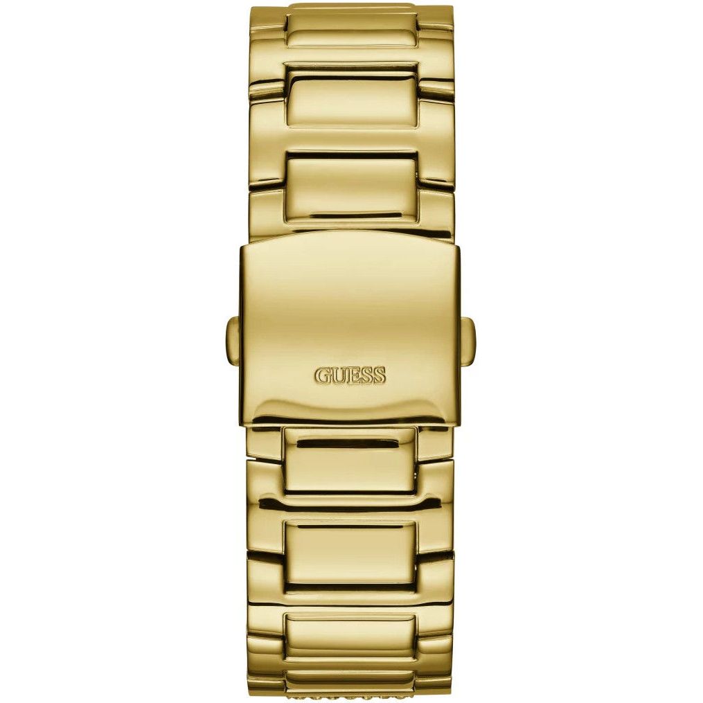 GUESS Mod. FRONTIER gold wristwatch with stainless steel bracelet, showing clasp and polished links.