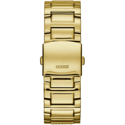 GUESS Mod. FRONTIER gold wristwatch with stainless steel bracelet, showing clasp and polished links.