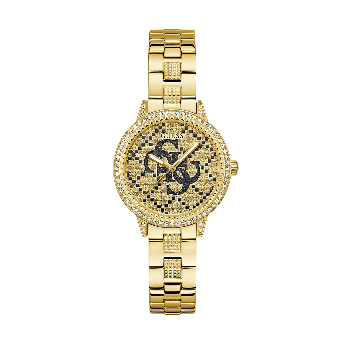 Gold watch with intricate pattern and crystals, featuring GUESS Mod. G LACE on the dial. Stylish accessory for fashion lovers.