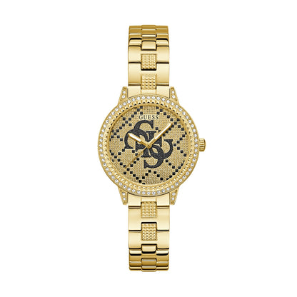 Gold watch with intricate pattern and crystals, featuring GUESS Mod. G LACE on the dial. Stylish accessory for fashion lovers.