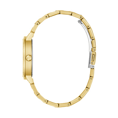Side view of GUESS Mod. G LACE watch with gold-tone bracelet and clasp.