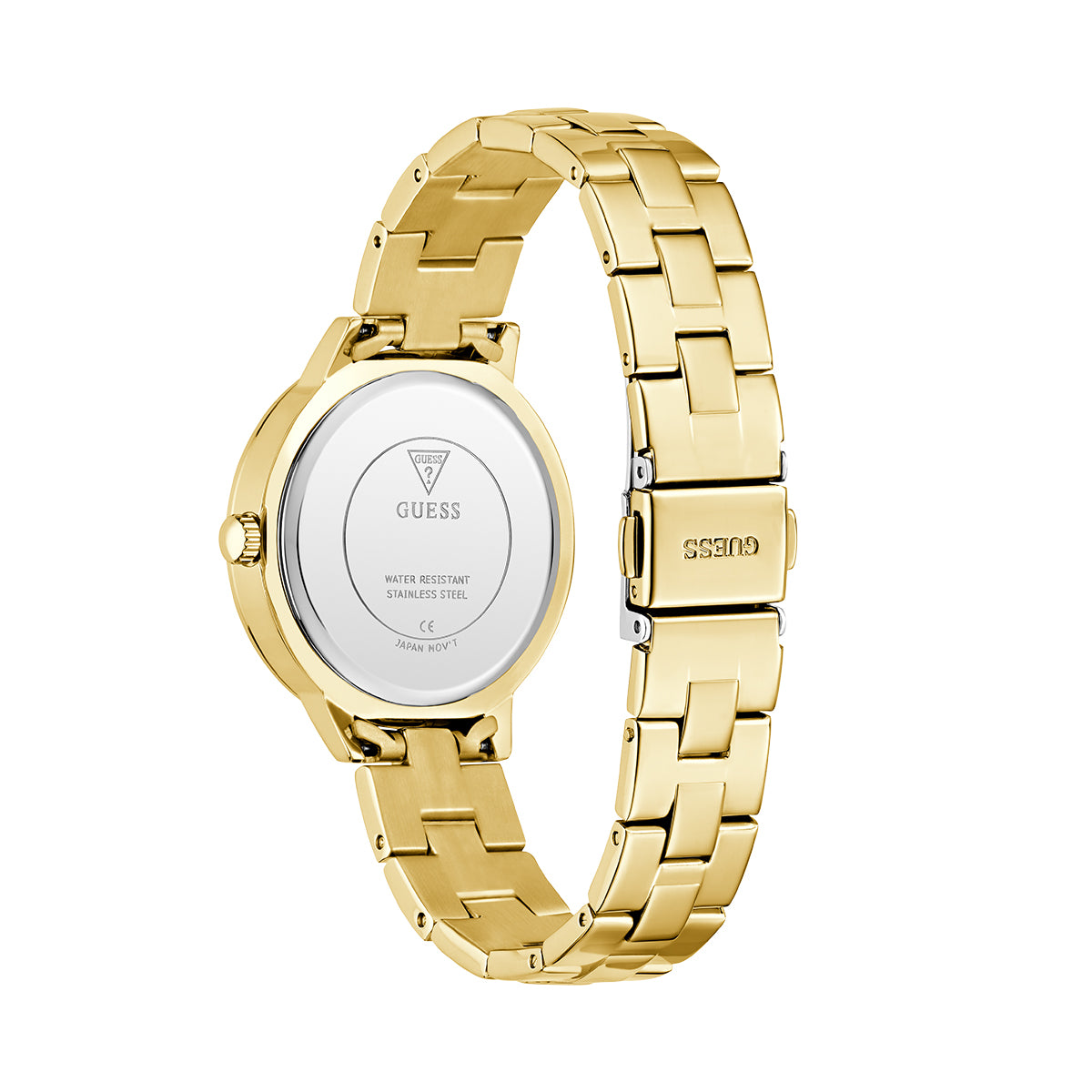 Gold wristwatch featuring the elegant GUESS Mod. G LACE design with stainless steel case and polished bracelet.