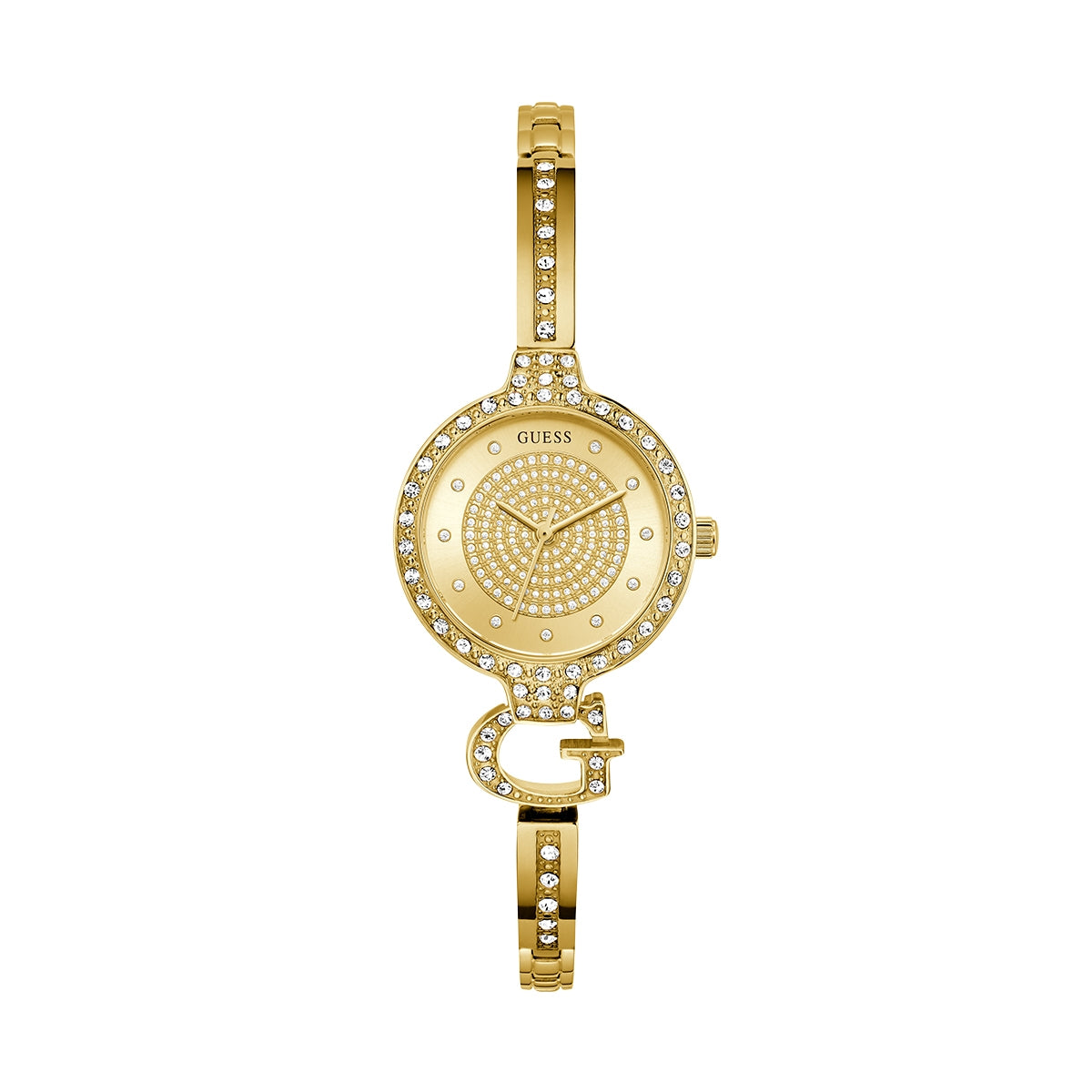 Elegant gold watch with rhinestones, featuring the GUESS Mod. GISELLE design.