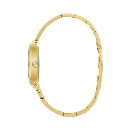 Side view of GUESS Mod. GISELLE gold-tone watch with detailed bracelet and bezel design