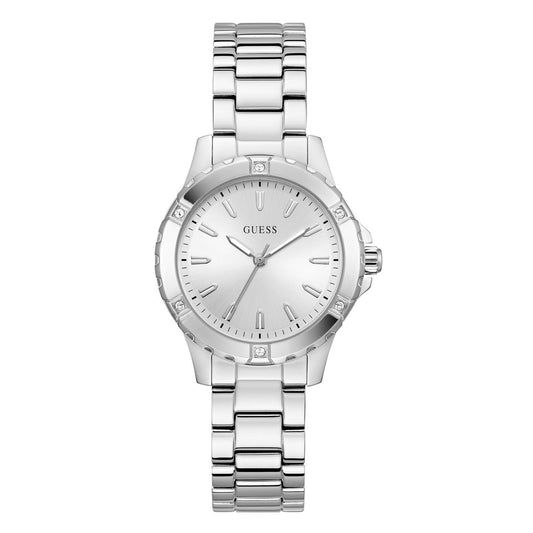 Silver wristwatch featuring GUESS Mod. MIST design with a sleek stainless steel bracelet and minimalist dial.