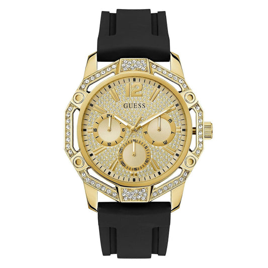 Gold watch with black strap, GUESS Mod. REGAL design, featuring crystal accents, ideal for stylish timekeeping.