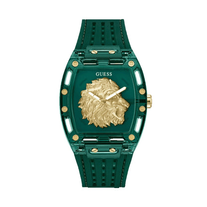 Elegant GUESS Mod. PHOENIX watch with lion emblem and green strap, showcasing stylish luxury design.