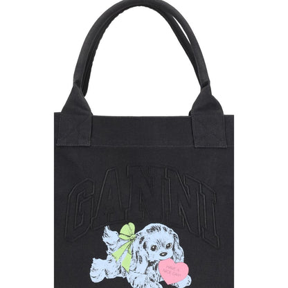Ganni Black Recycled Cotton Shoulder Bag with puppy print and embroidered GANNI logo, featuring top handles, large interior, and zippered pocket.