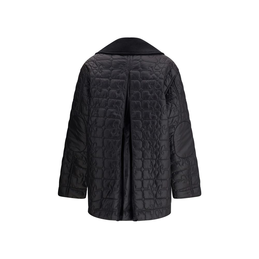 Back view of Ganni Gray Nylon Coat with corduroy collar and quilted design, featuring practical patch pockets and elegant style.