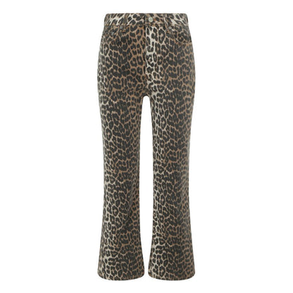 Ganni Multicolor Cotton Casual Pants with animal print, five-pocket flare design, zipper and logo button closure.