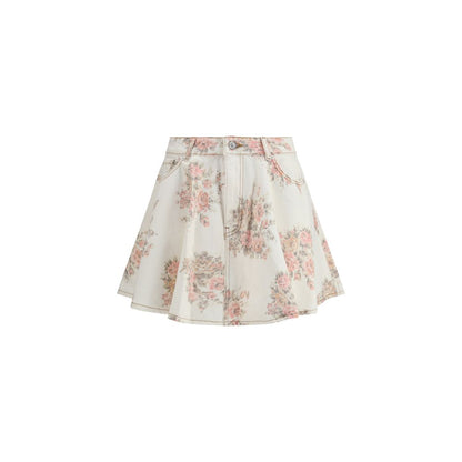 Ganni Multicolor Denim Skirt, floral print with button zipper closure, five pockets, belt loops, 100% cotton, AW25 season fashion.