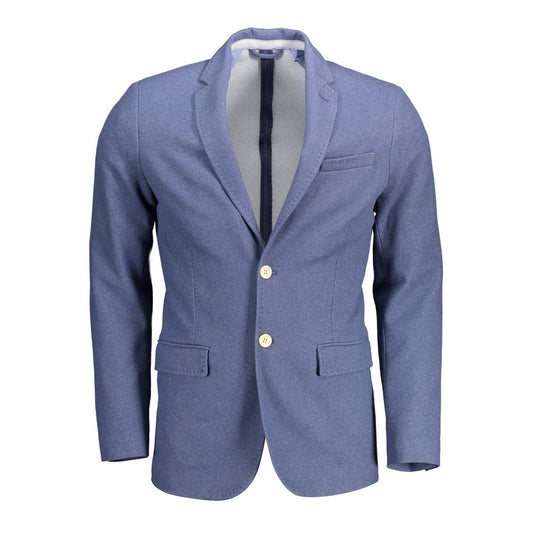 Gant Blue Cotton Men Jacket with 2-button closure and long sleeves, crafted in cotton-polyester blend for style and comfort.