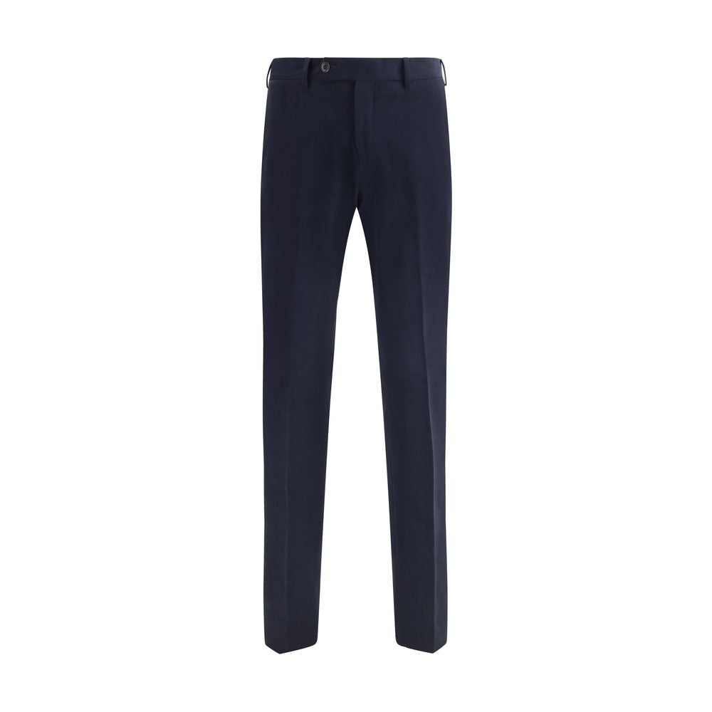 Germano Blue Cotton Chino Pants with mid-rise waist, front zipper, button closure, belt loops, and pockets, perfect for versatile occasions.