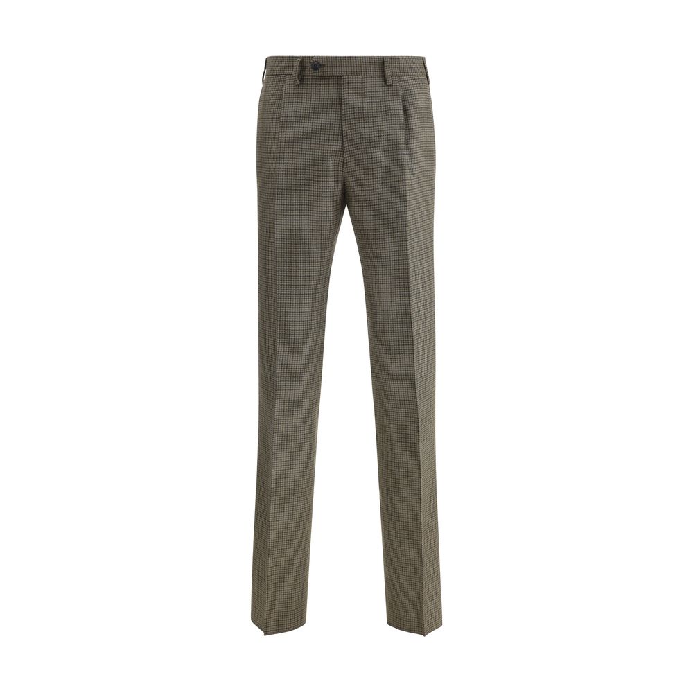 Germano Brown Fleece Wool Casual Pants with houndstooth pattern and classic straight cut, featuring side welt and back pockets.