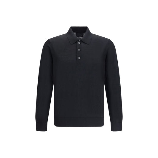 Giorgio Armani Black Fleece Wool Sweatshirt with classic collar and three-button closure, perfect for timeless everyday elegance.