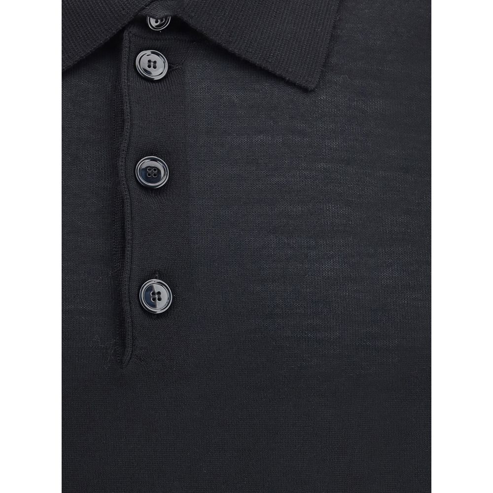 Close-up of Giorgio Armani Black Fleece Wool Sweatshirt featuring a classic collar and three-button closure.