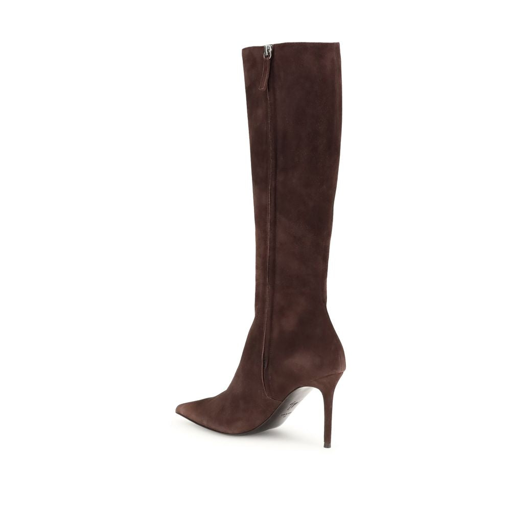 Giuseppe Zanotti Brown Leather High Heel Boots with stiletto heel, almond toe, and back zipper closure, knee-high elegant design
