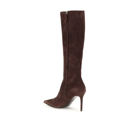 Giuseppe Zanotti Brown Leather High Heel Boots with stiletto heel, almond toe, and back zipper closure, knee-high elegant design