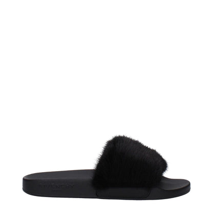 Givenchy Black Cotton Slippers with side logo, open toe, rubber sole, low flat heel, casual style.