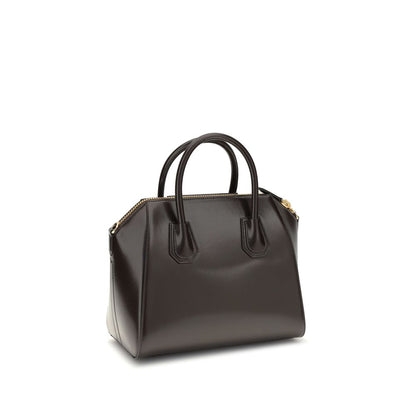 Givenchy Brown Calf Leather Bos Taurus Handbag with glossy finish and gold zipper, featuring handles and a removable shoulder strap.