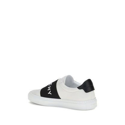 Givenchy White Calf Leather Bos Taurus Low Top Sneakers with embossed logo and contrasting band, back view.