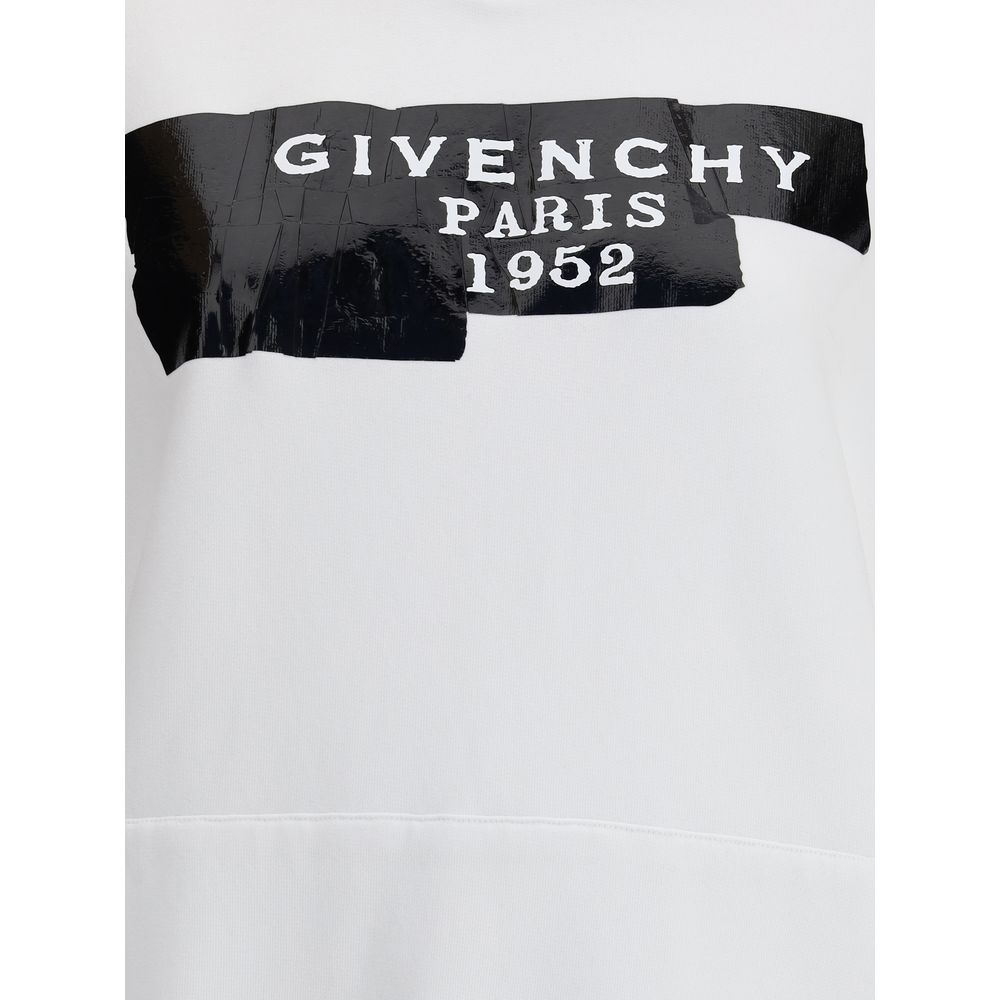 Givenchy White Cotton Sweatshirt with black GIVENCHY Tape 3D print detail on front, showcasing modern luxury and style.